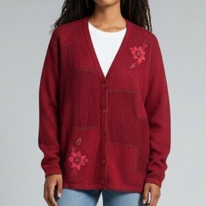 Vintage Red Embroidered Beaded Cardigan Womens L Sparkly Cozy Cabin Grandma Core